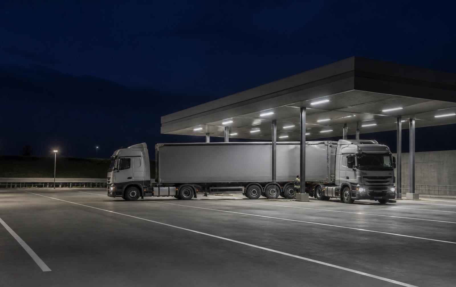 Two tractor units and a semi-trailer at a transfer hub at blue hour